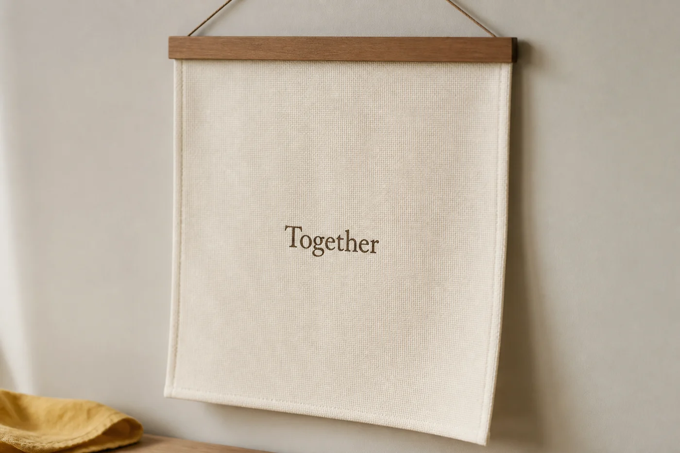 Together 문구와 원단의 직조 질감이 보이는 아이보리 패브릭 배너
